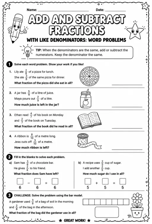 Add and subtract fractions with like denominators: word problems