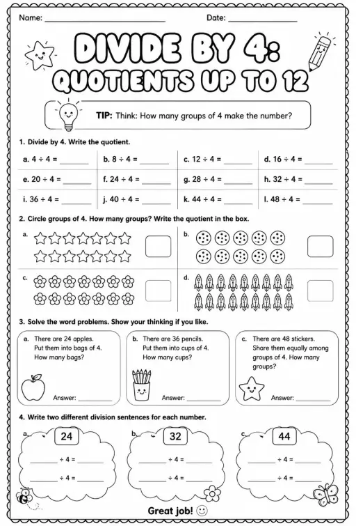 Divide by 4: quotients up to 12