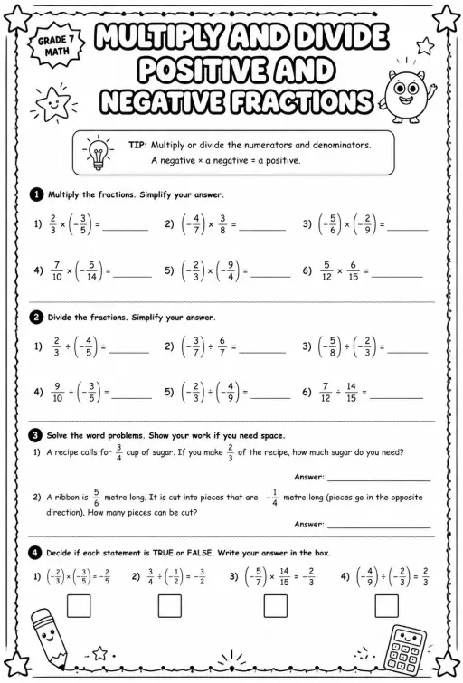 Multiply and divide positive and negative fractions