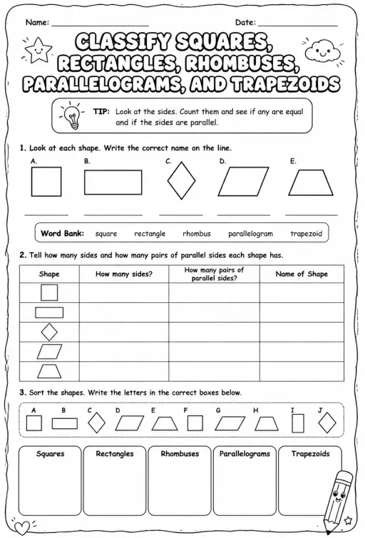 Classify squares, rectangles, rhombuses, parallelograms, and trapezoids