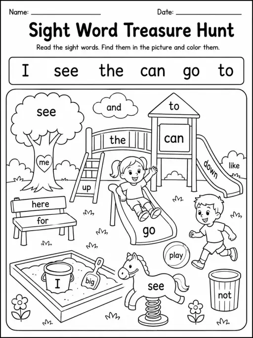 Sight Word Treasure Hunt Worksheet Pack