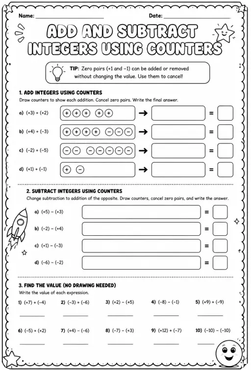 Add and subtract integers using counters