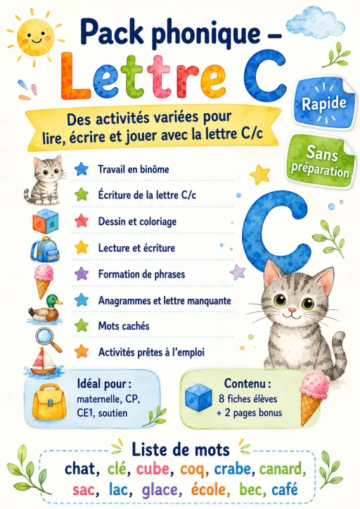 French Letter C Phonics Worksheets Pack