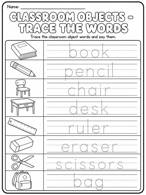 Classroom Objects - Trace the Words Worksheet Pack