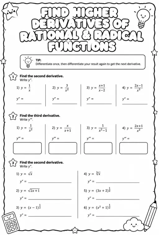 Find higher derivatives of rational and radical functions
