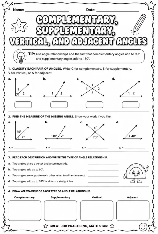 Identify complementary, supplementary, vertical, and adjacent angles