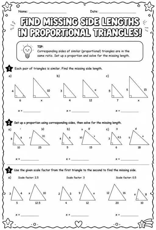 Find missing side lengths in proportional triangles
