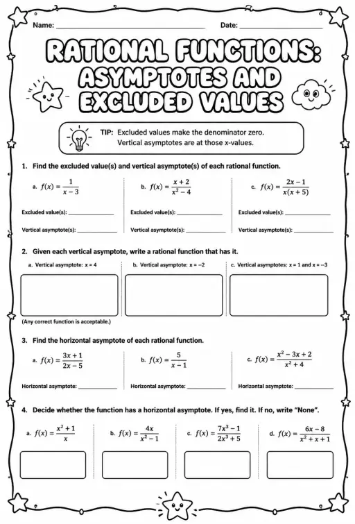 Rational functions: asymptotes and excluded values