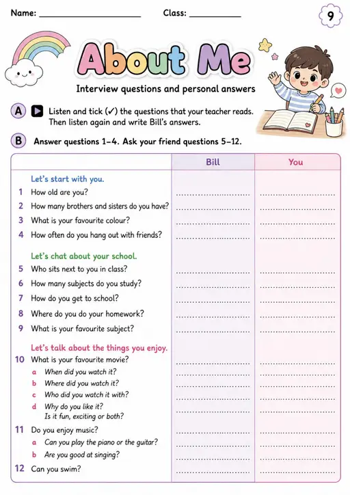 Cambridge MOVERS - About Me | Free Worksheet