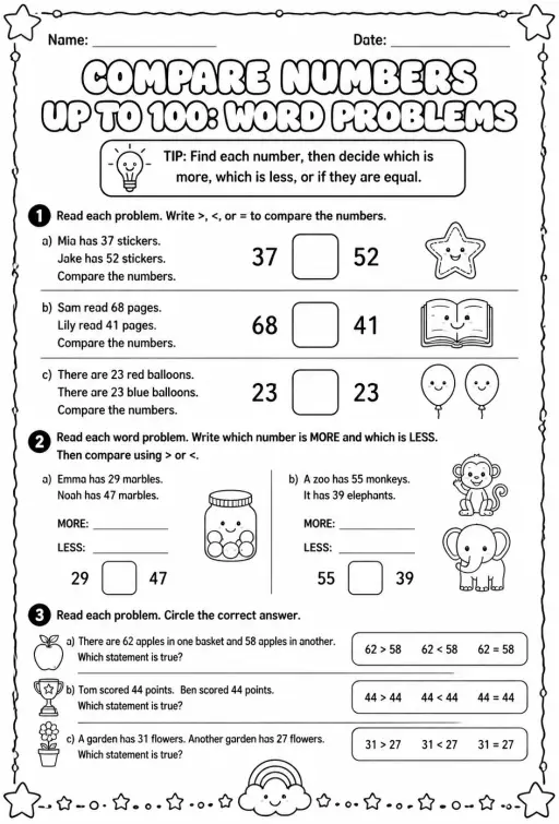 Compare numbers up to 100: word problems