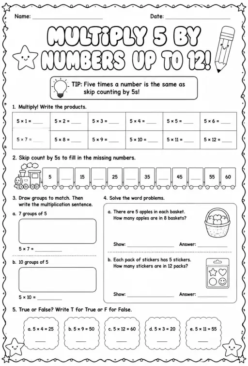 Multiply 5 by numbers up to 12