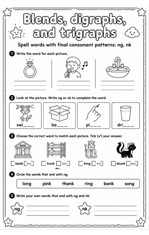 Spell words with final consonant patterns: ng, nk