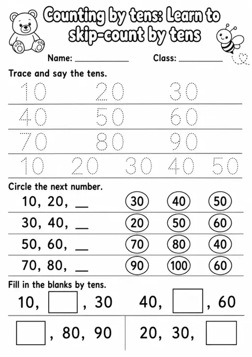 Kindergarten Counting by Tens Math Worksheet Pack