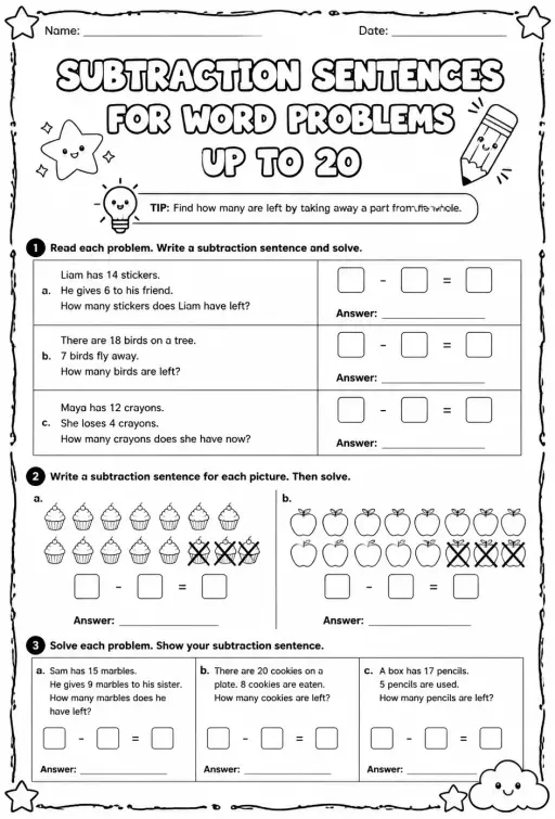 Subtraction sentences for word problems - up to 20