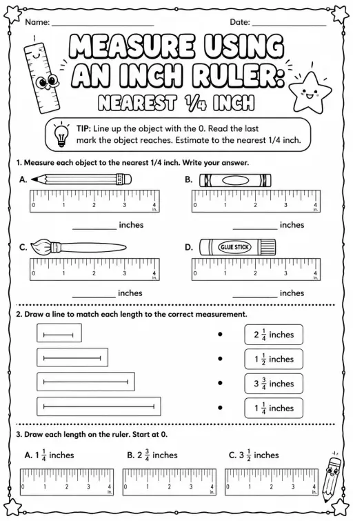 Measure using an inch ruler: nearest 1/4 inch