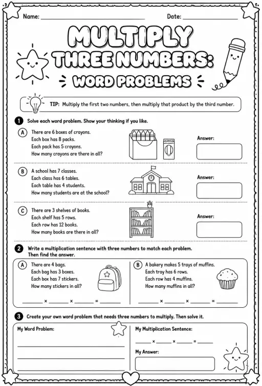 Multiply three numbers: word problems