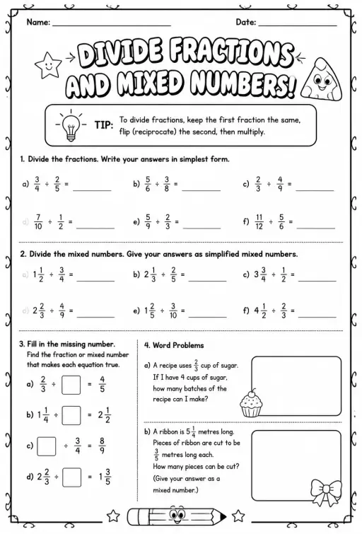 Divide fractions and mixed numbers