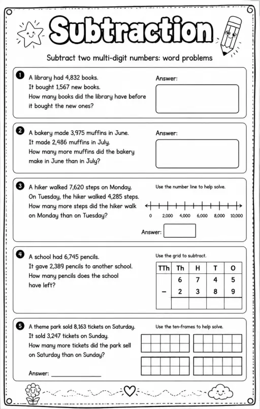 Subtract two multi-digit numbers: word problems