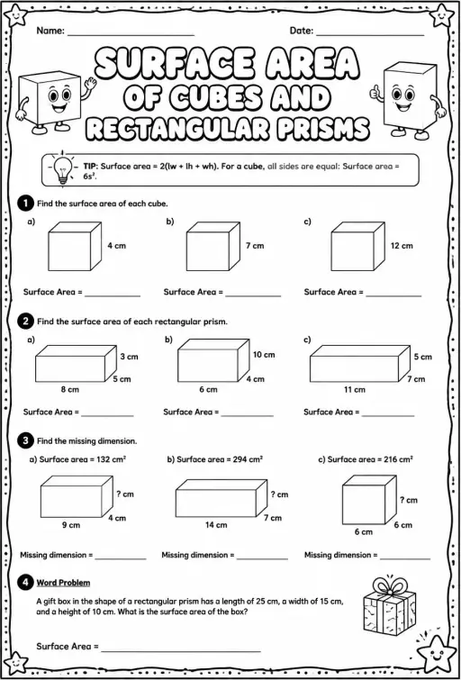 Surface area of cubes and rectangular prisms