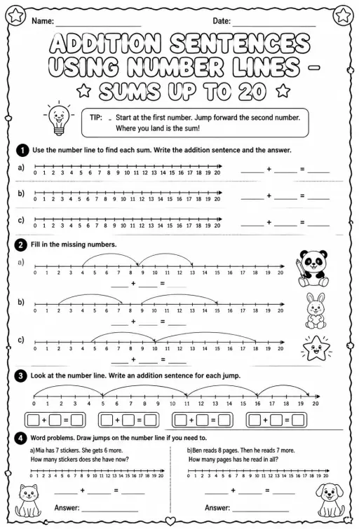 Addition sentences using number lines - sums up to 20