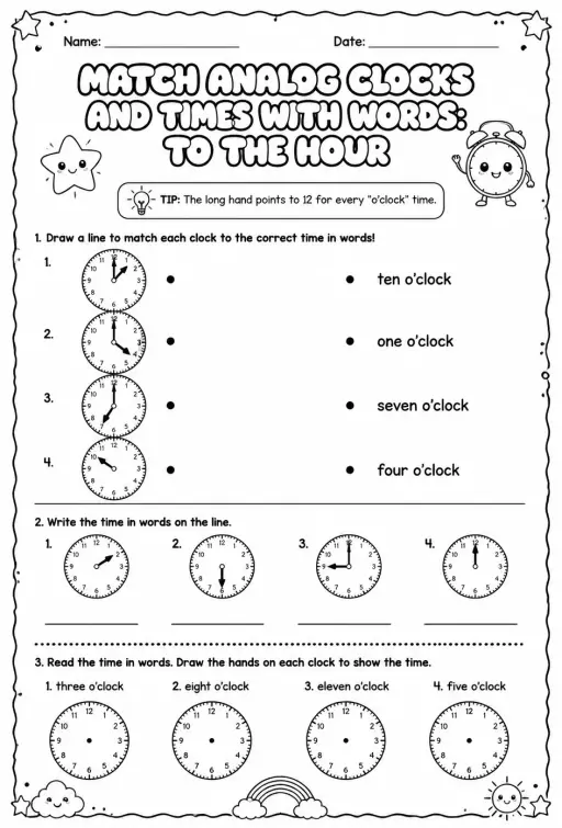 Match analog clocks and times with words: to the hour