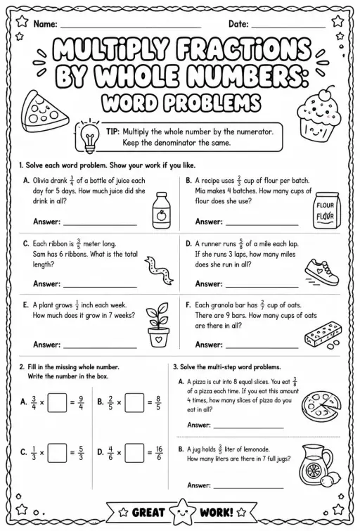 Multiply fractions by whole numbers: word problems