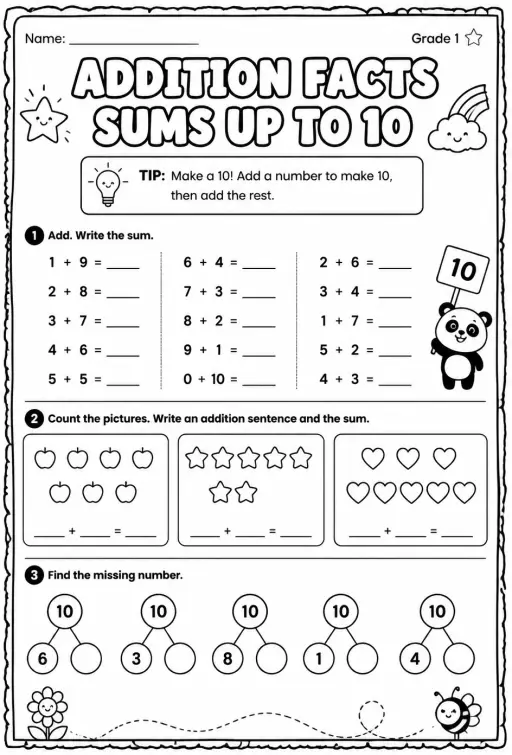 Addition facts - sums up to 10
