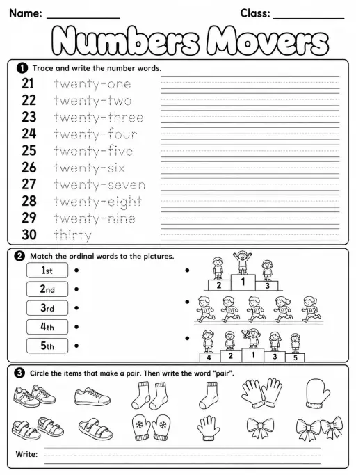Numbers Movers Vocabulary Worksheet Pack