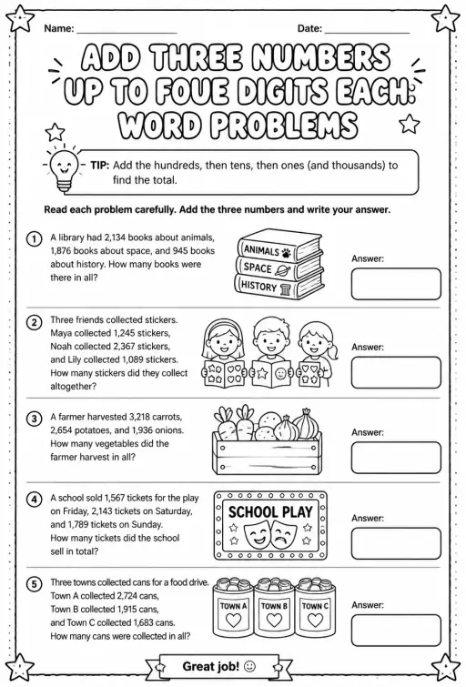 Add three numbers up to four digits each: word problems