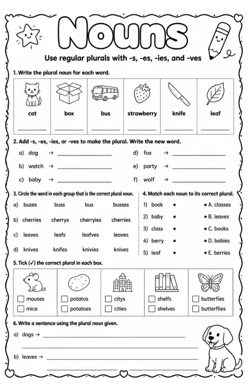 Use regular plurals with -s, -es, -ies, and -ves