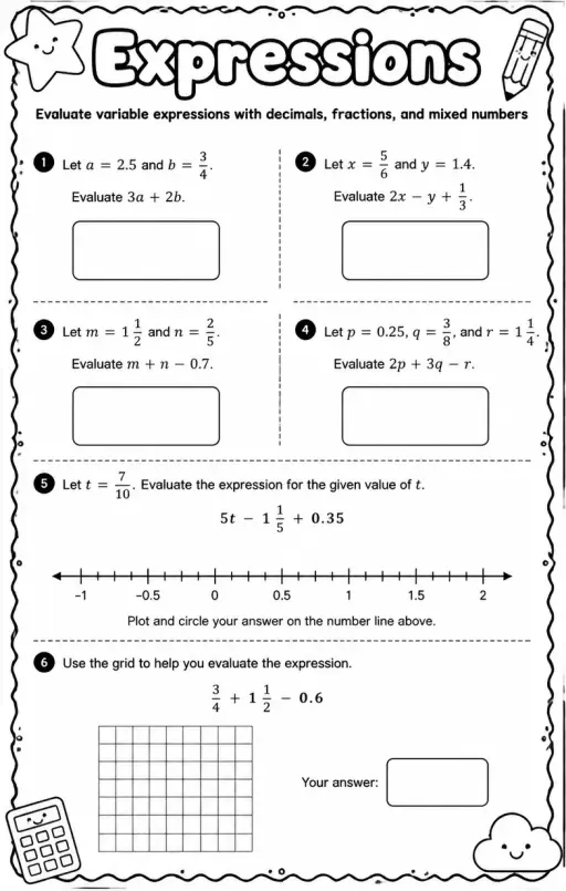 Evaluate variable expressions with decimals, fractions, and mixed numbers