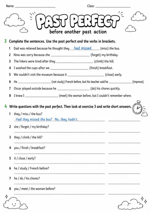 Past Perfect Pack - 7 Worksheets | Grades 5-6 Grammar