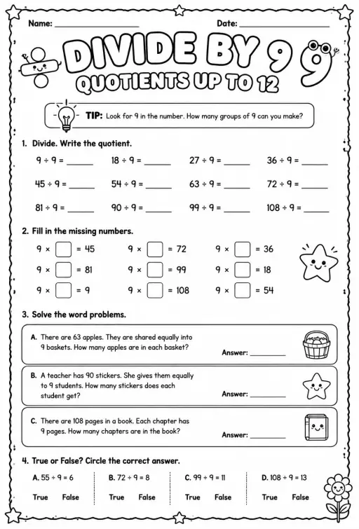 Divide by 9: quotients up to 12