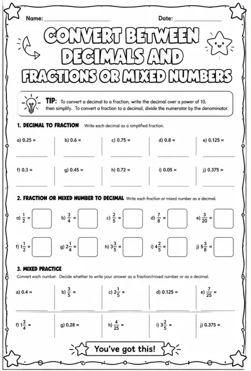 Convert between decimals and fractions or mixed numbers