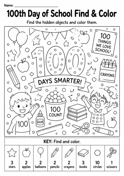 100th Day of School Find & Color — Grade 1