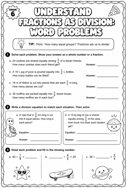 Understand fractions as division: word problems