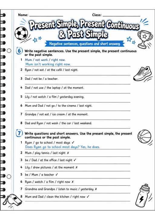 Present Simple, Present Continuous & Past Simple 3 | Grade 5 Grammar Worksheet