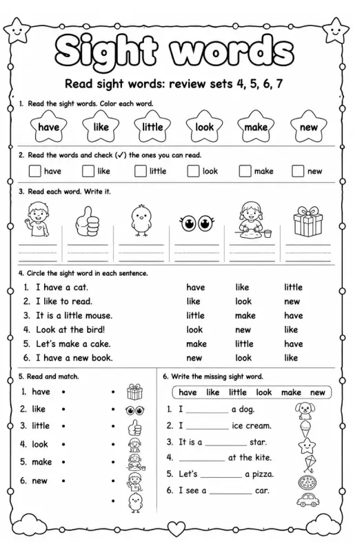 Read sight words: review sets 4, 5, 6, 7