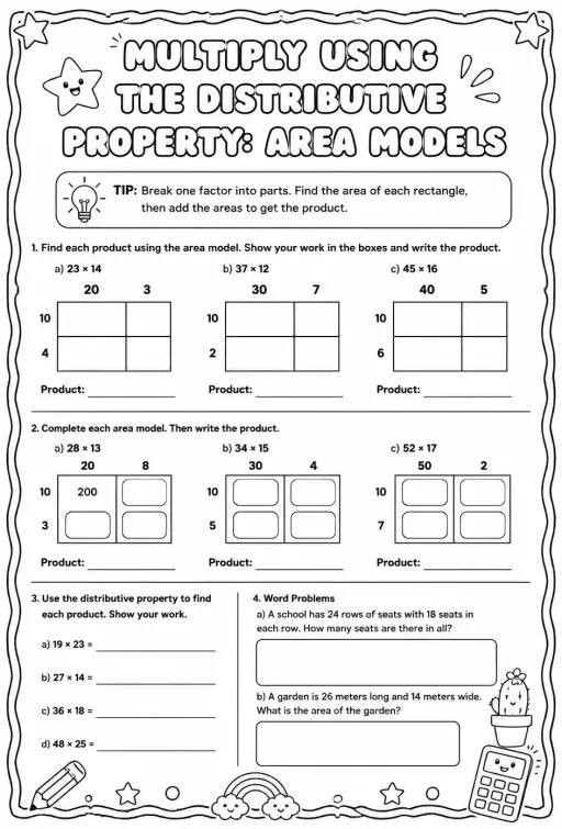Multiply using the distributive property: area models