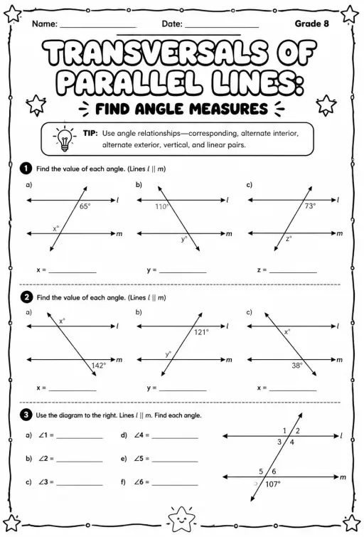 Transversals of parallel lines: find angle measures