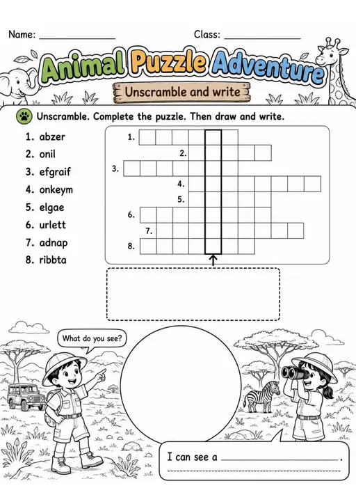 Animal Puzzle Adventure | Grade 1 English Language Arts Worksheet