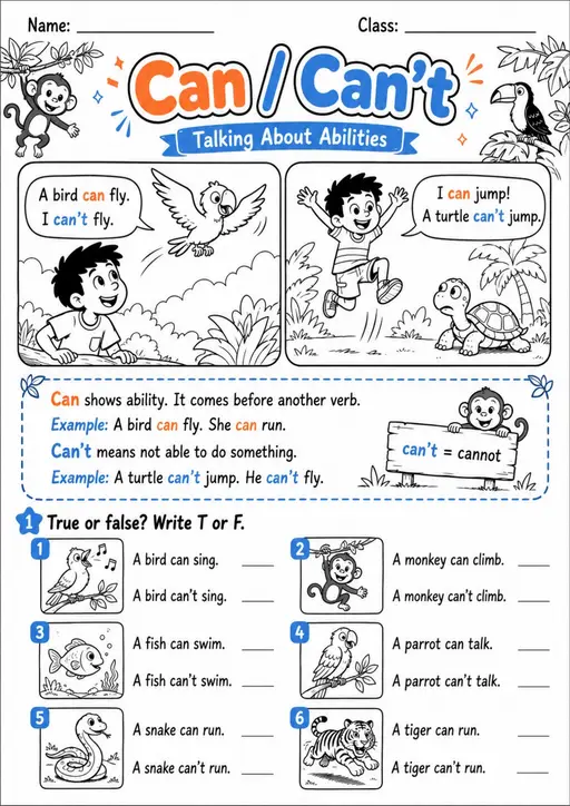Can and Can't Abilities Pack - 4 Worksheets | Grade 1 Grammar