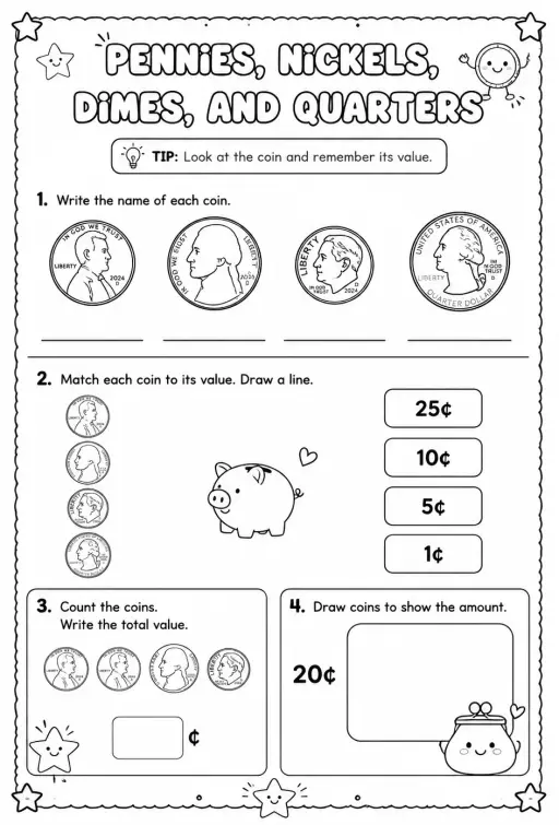 Pennies, nickels, dimes, and quarters