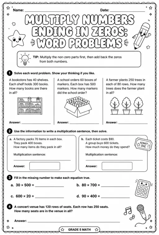 Multiply numbers ending in zeros: word problems