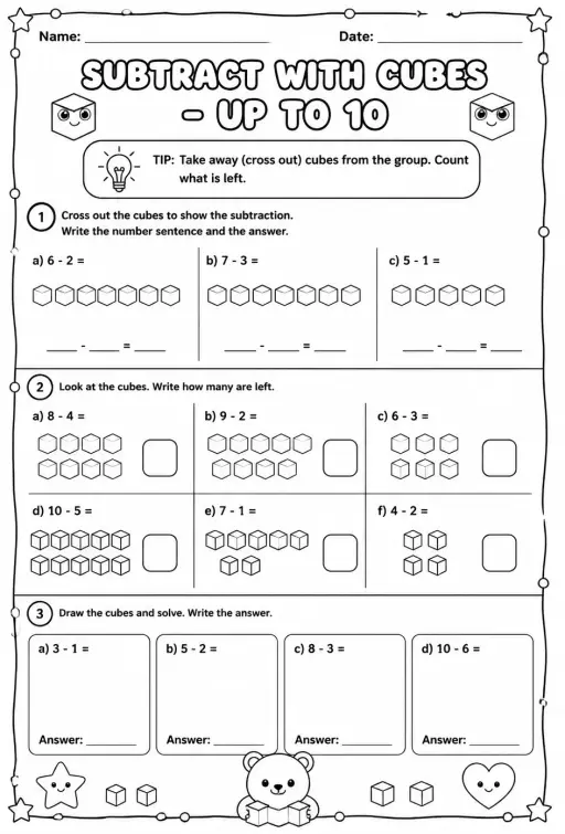 Subtract with cubes - up to 10