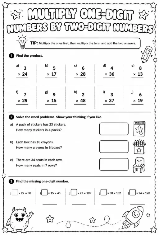 Multiply one-digit numbers by two-digit numbers