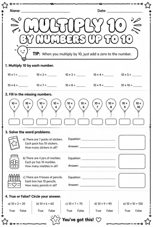 Multiply 10 by numbers up to 10
