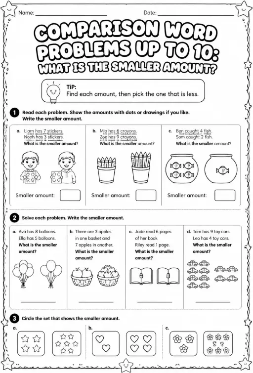 Comparison word problems up to 10: what is the smaller amount?