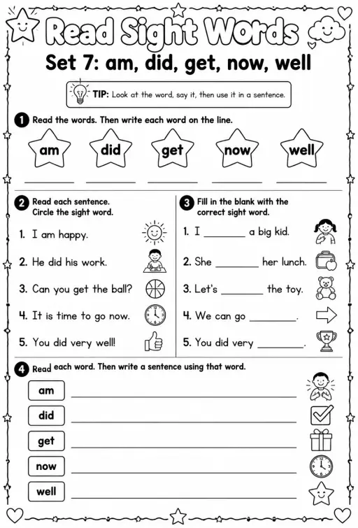 Read sight words set 7: am, did, get, now, well