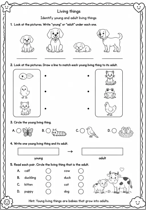 Identify young and adult living things
